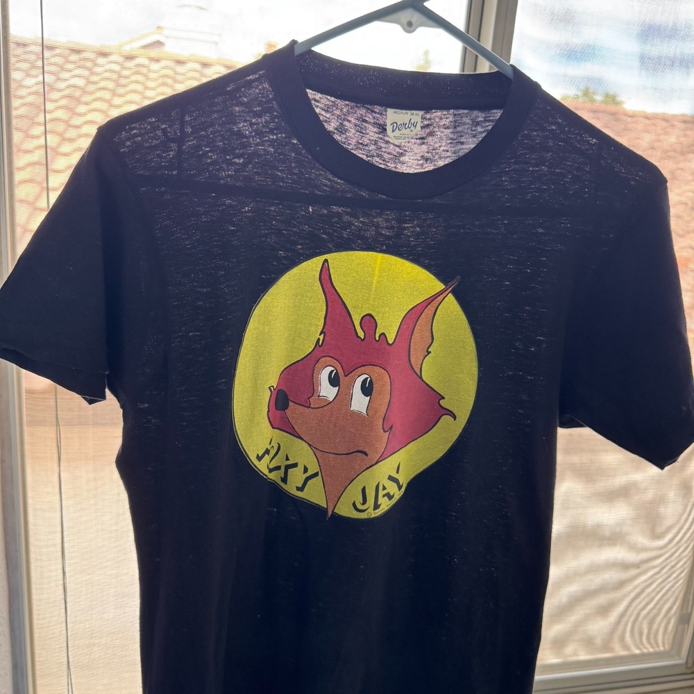 Vintage Early 70s Foxy Jay T Shirt Medium Black Sunday Records Paper Thin Cotton